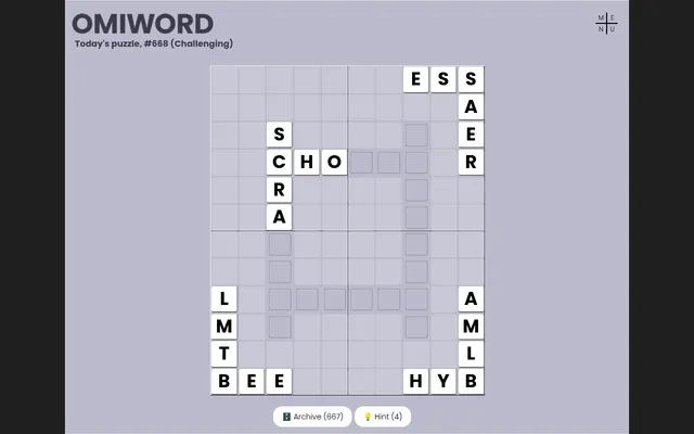 Omiword puzzle #668 (Challenging) of 30 October 2026 on desktop, with SCRAMBLE started down and CHO across in the top left sector and the other tiles still at the edges