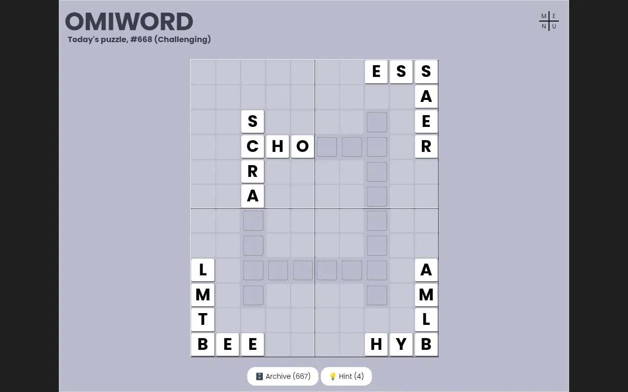 Omiword puzzle #668 (Challenging) of 30 October 2026 on desktop, with SCRAMBLE started down and CHO across in the top left sector and the other tiles still at the edges