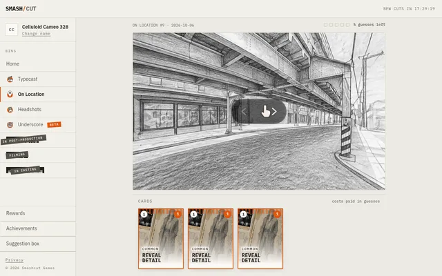 On Location #9 for 2026-10-06: a sketched 360-degree view under an elevated railway with three Reveal Detail cards below