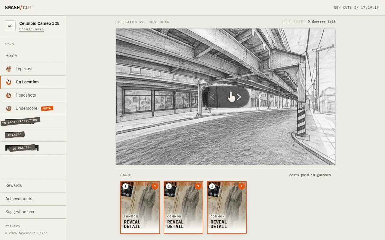 On Location #9 for 2026-10-06: a sketched 360-degree view under an elevated railway with three Reveal Detail cards below