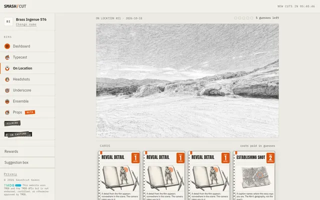 On Location #21 for 2026-10-18: a sketched 360-degree view of a rocky desert ridge, with Reveal Detail and Establishing Shot cards below