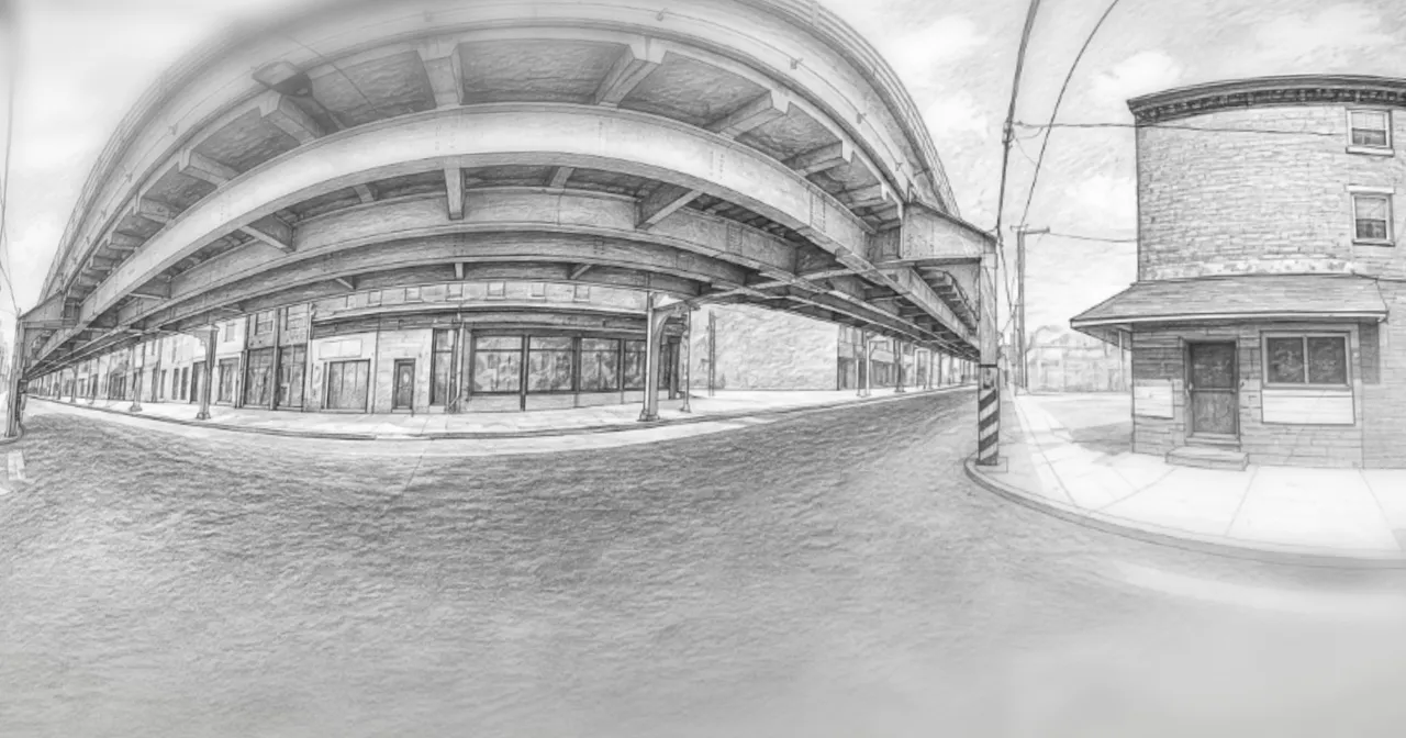On Location sketch panorama of a street corner under an elevated railway beside a brick house