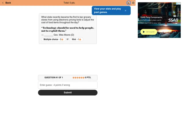 On the Record question for Oct 5, 2026: which state became the first to bar grocery stores from using electronic pricing tools, with the quote Technology should be used to help people, not to exploit