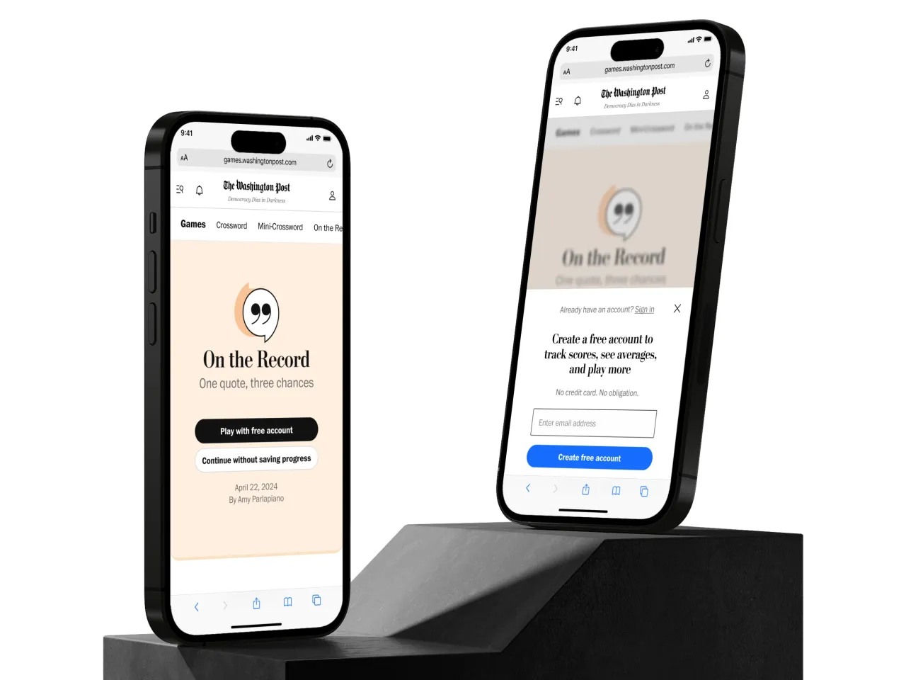 On the Record (The Washington Post) start screen on a phone, 'One quote, three chances', with its quote-bubble logo and Play buttons, beside the free-account sign-up prompt