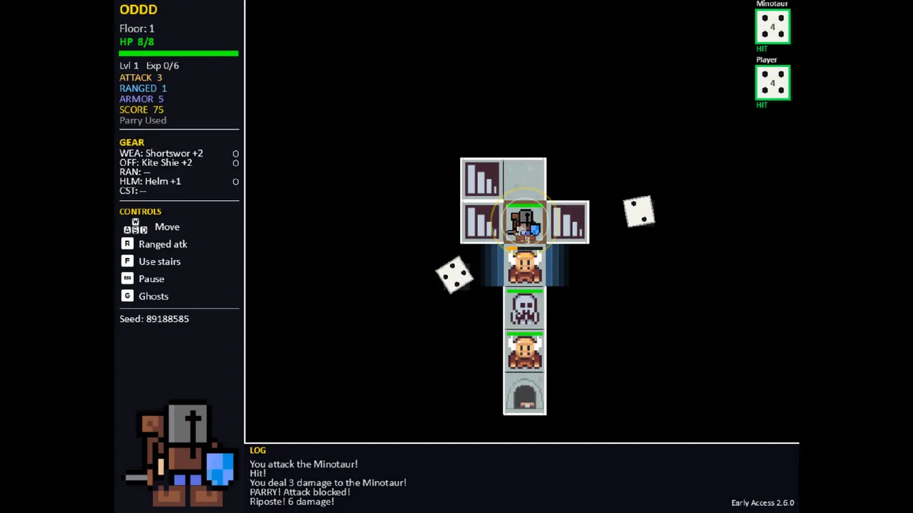 One Dice Dungeon Delve: a knight on a column of dungeon tiles fighting a minotaur, d6 dice showing the rolls, a stats and gear panel on the left and a combat log below