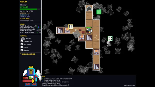 One Dice Dungeon Delve Daily Challenge run: a winged Paladin on floor 24 among dungeon tiles and chests, white d6 dice, a stats and gear panel on the left