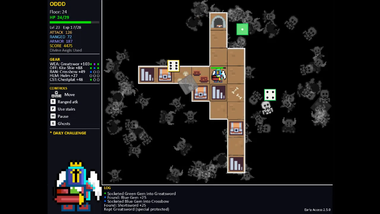 One Dice Dungeon Delve Daily Challenge run: a winged Paladin on floor 24 among dungeon tiles and chests, white d6 dice, a stats and gear panel on the left
