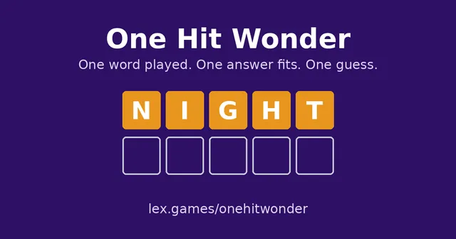 One Hit Wonder card: the word NIGHT in orange tiles above an empty row, with 'One word played. One answer fits. One guess.'