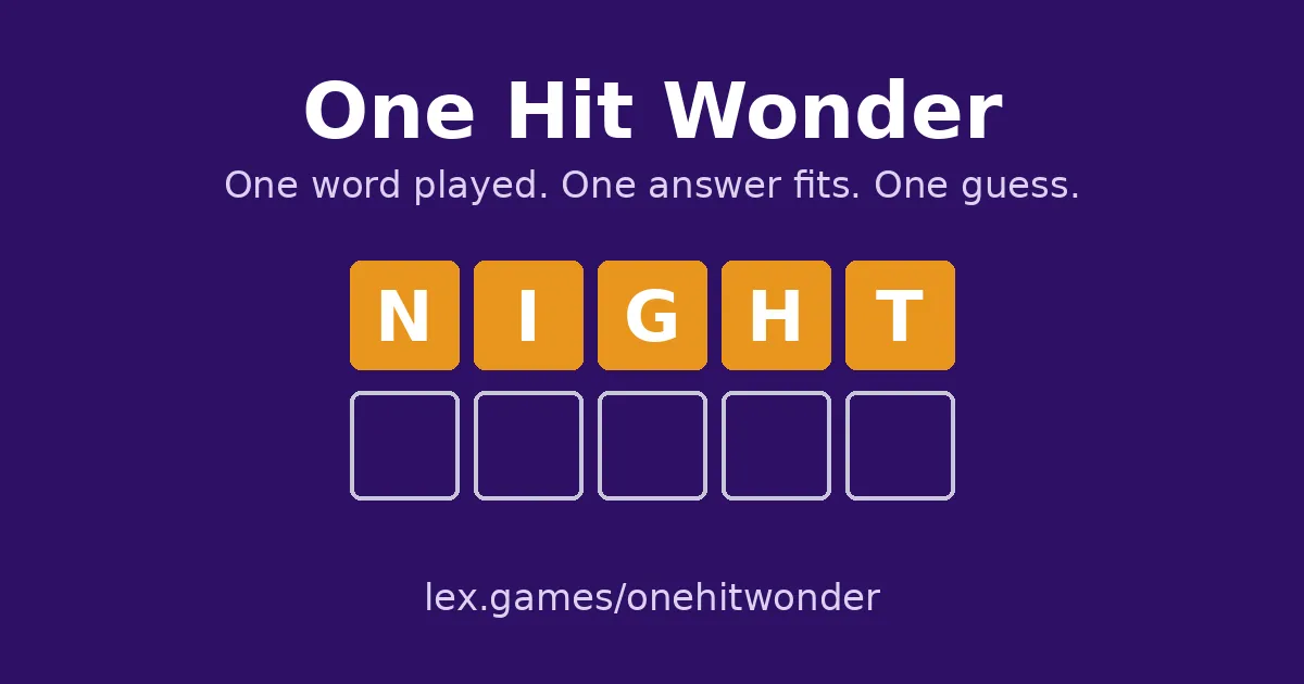 One Hit Wonder card: the word NIGHT in orange tiles above an empty row, with 'One word played. One answer fits. One guess.'