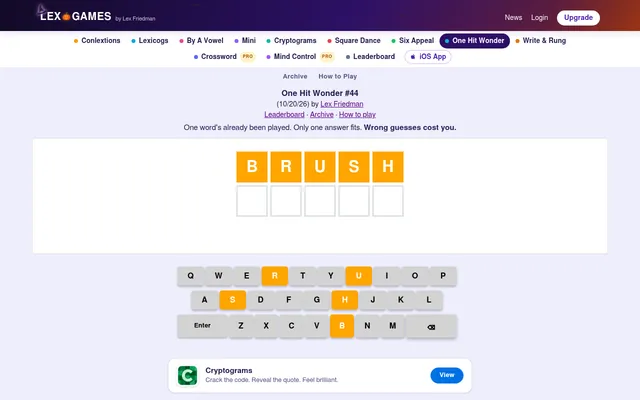 One Hit Wonder #44 (20 October 2026): the word BRUSH played in five orange tiles above an empty answer row, with the on-screen keyboard below