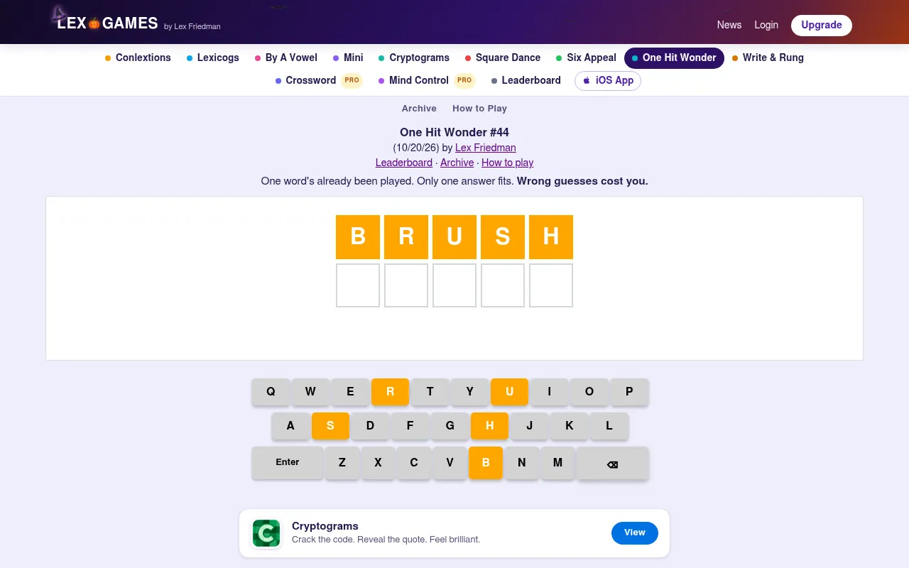 One Hit Wonder #44 (20 October 2026): the word BRUSH played in five orange tiles above an empty answer row, with the on-screen keyboard below