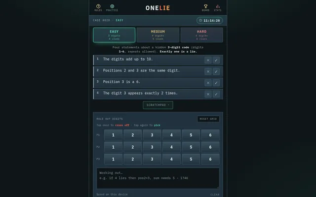 One Lie case #020 on Easy: four statements about a hidden 3-digit code, such as the digits add up to 10 and position 3 is a 6, above a scratchpad grid for ruling out digits