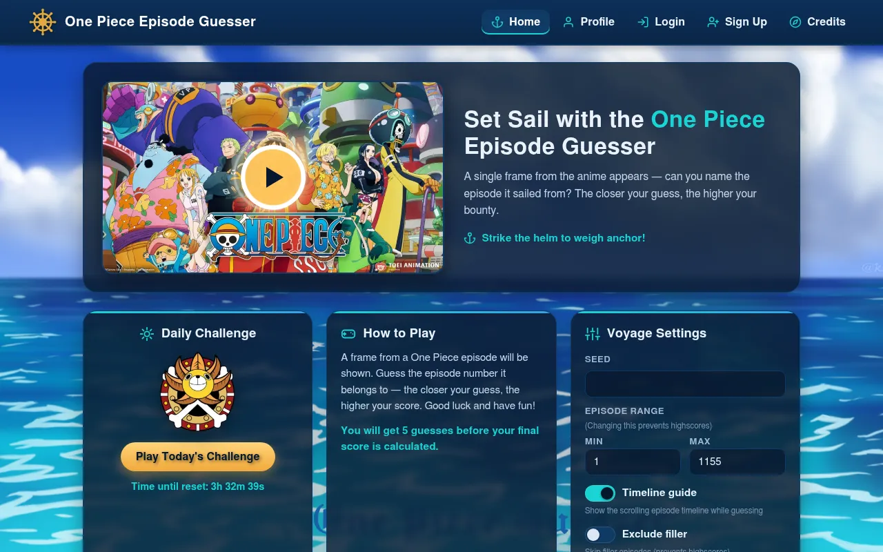 The One Piece Episode Guesser home page: a Daily Challenge panel with Play Today's Challenge and a reset countdown, the how-to-play text and seed and episode range settings