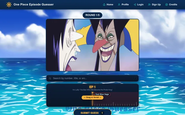 One Piece Episode Guesser, round 1 of 5: an anime frame of two characters face to face, a search box for the episode and a draggable episode timeline starting at EP 1, with a Submit guess button