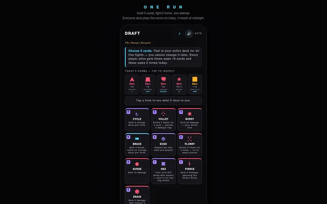 ONE RUN draft screen for gauntlet #279: five enemy forms with their health along the top and ten cards such as Cycle, Volley, Burst and Brace to choose from