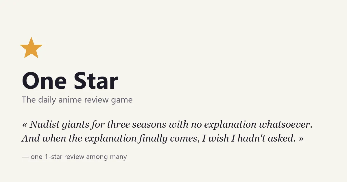 One Star card: a gold star, the name One Star, The daily anime review game, and a sample 1-star review about nudist giants for three seasons