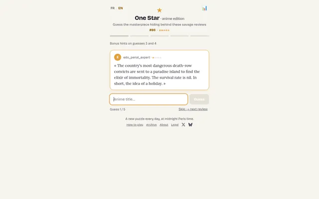 One Star puzzle #86 on a desktop: the first parody 1-star review, about death-row convicts sent to a paradise island, above the anime title box and a Skip link
