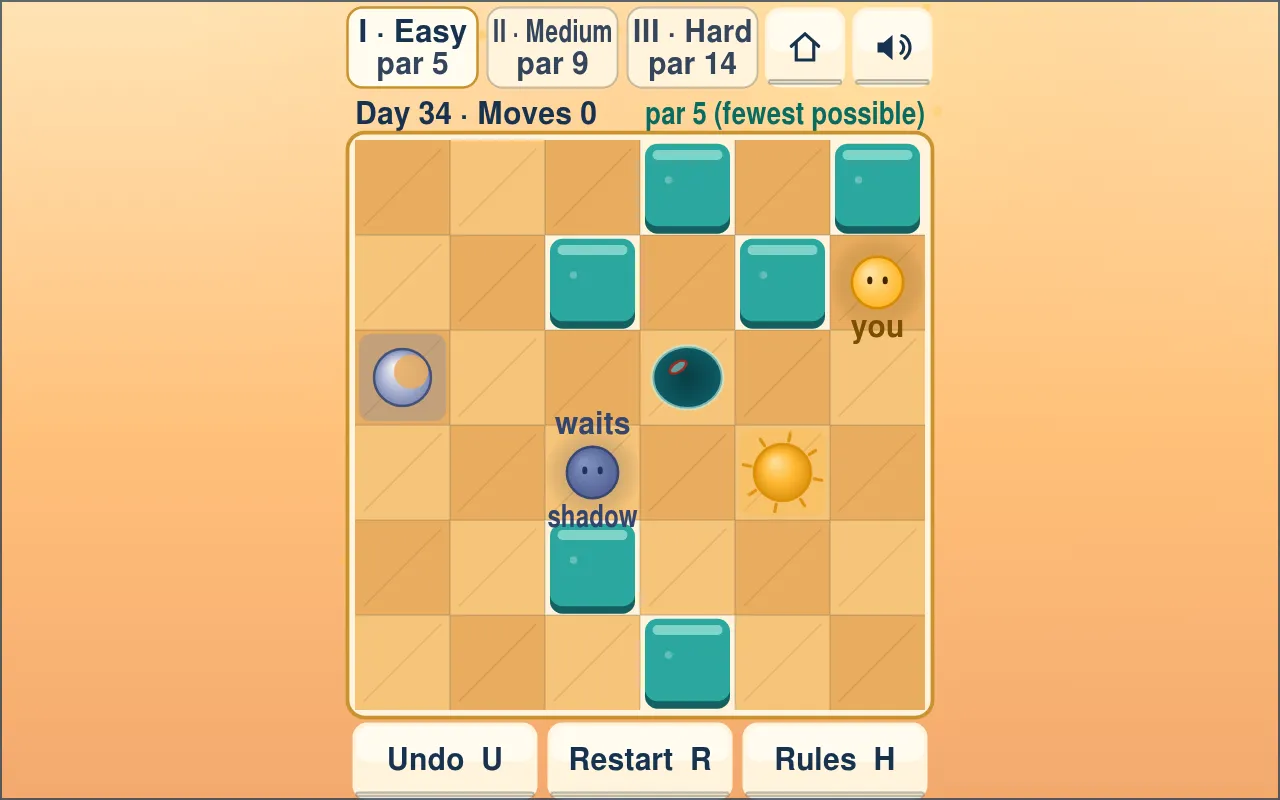 Today's One Step Late Easy board, Day 34, par 5: a 6x6 grid with teal blocks, a hole, the sun, the moon, you and your shadow, with Medium and Hard tabs