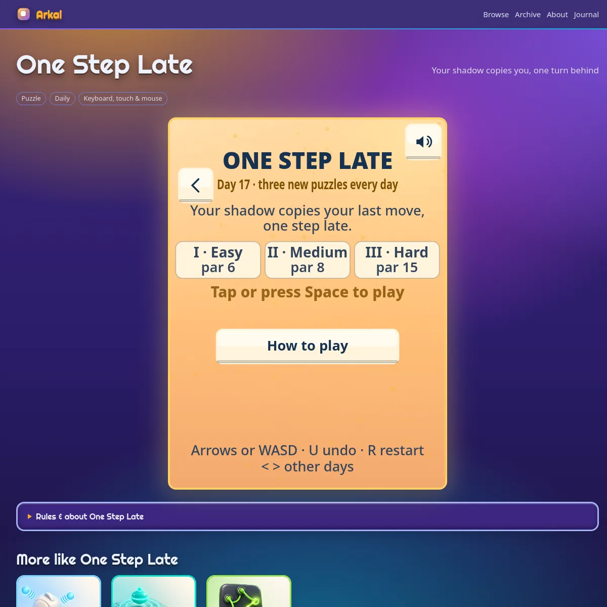 One Step Late title card: Day 17, three new puzzles every day, with Easy par 6, Medium par 8 and Hard par 15