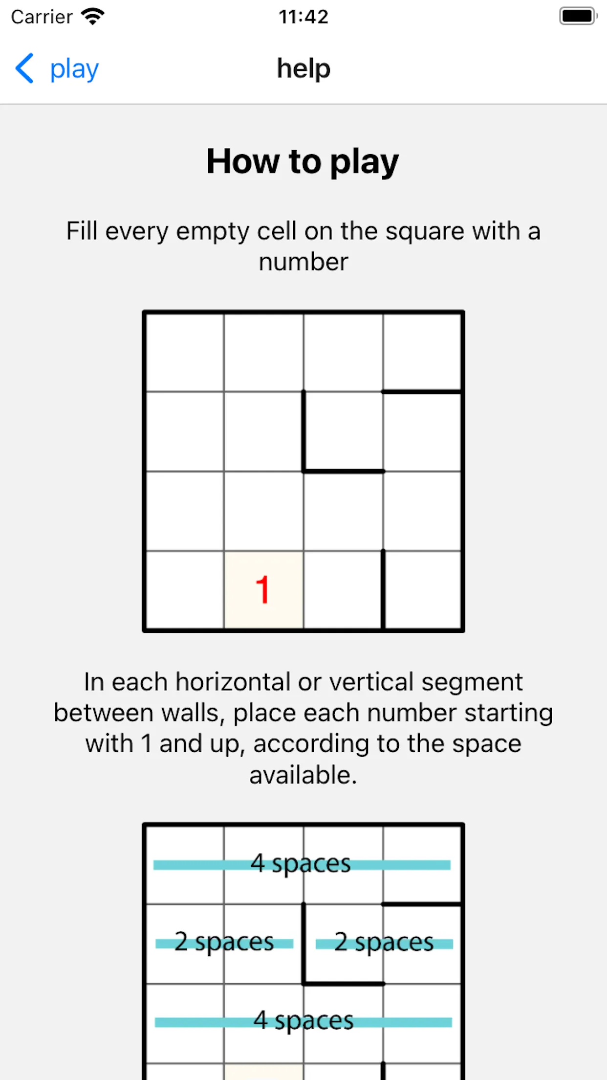 One Up how-to-play screen: each horizontal or vertical segment between walls holds the numbers 1 up to its length