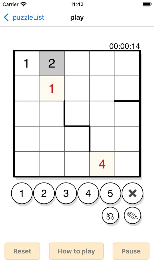A 5x5 One Up grid in play with thick walls splitting the rows and columns, a few numbers filled in and a 1 to 5 number pad below