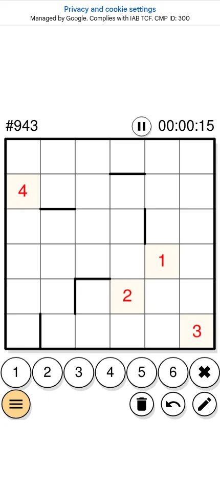 One Up puzzle #943 on a phone: the 6x6 walled grid with given numbers above a row of 1 to 6 buttons, erase, undo and notes