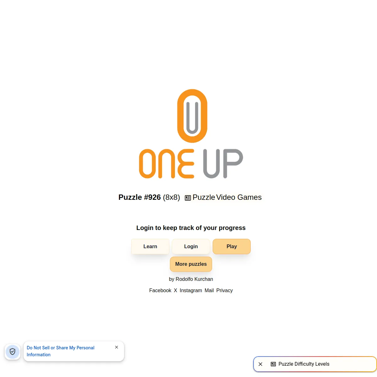 One Up Puzzle home page with the orange and grey One Up logo, Puzzle number 926 (8x8), and Learn, Login, Play and More puzzles buttons, by Rodolfo Kurchan