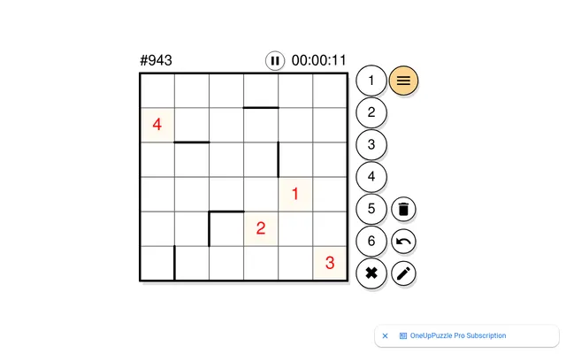 Today's One Up puzzle #943, a 6x6 grid with thick walls and red given numbers 4, 1, 2 and 3, a timer and a 1 to 6 number pad, at desktop size