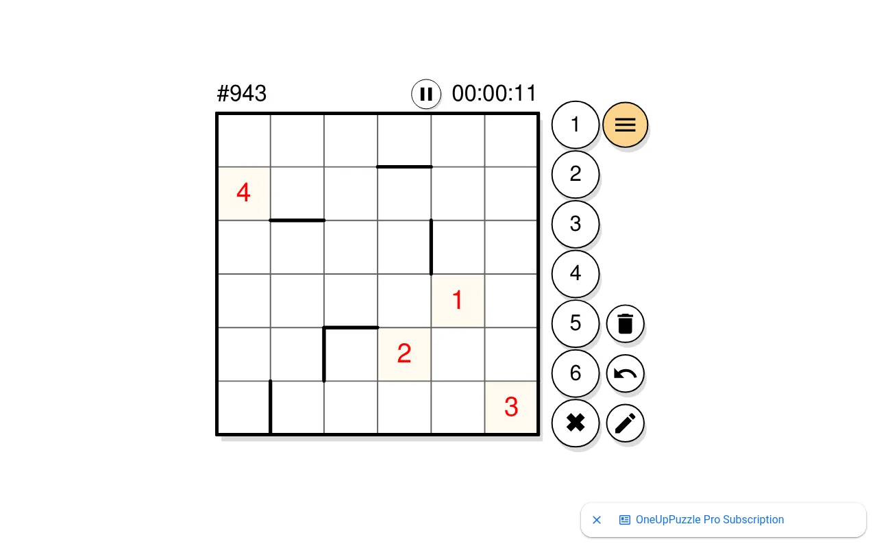 Today's One Up puzzle #943, a 6x6 grid with thick walls and red given numbers 4, 1, 2 and 3, a timer and a 1 to 6 number pad, at desktop size