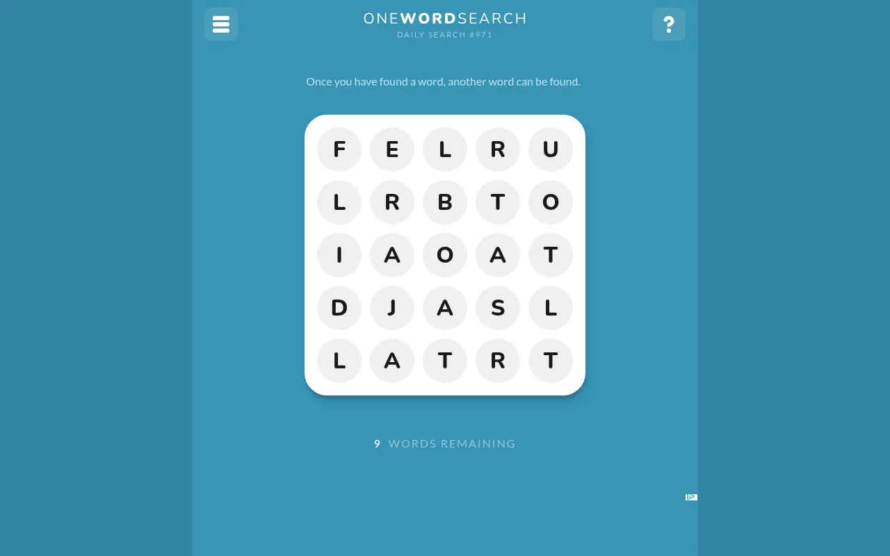 One Word Search after the first word: new letters have filled the grid and 9 words remain