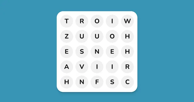 A One Word Search grid: 25 letters in a 5x5 square on a blue background