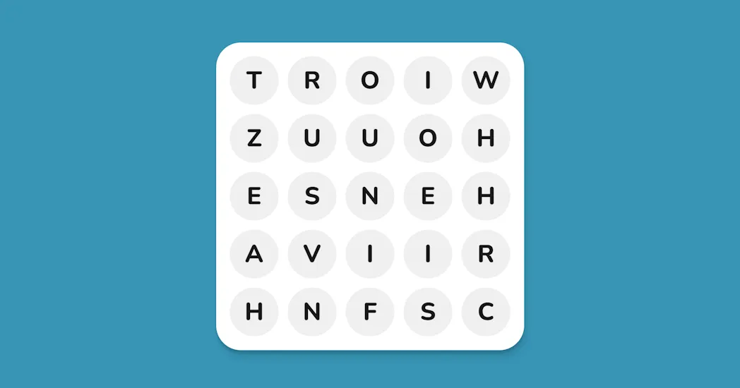 A One Word Search grid: 25 letters in a 5x5 square on a blue background
