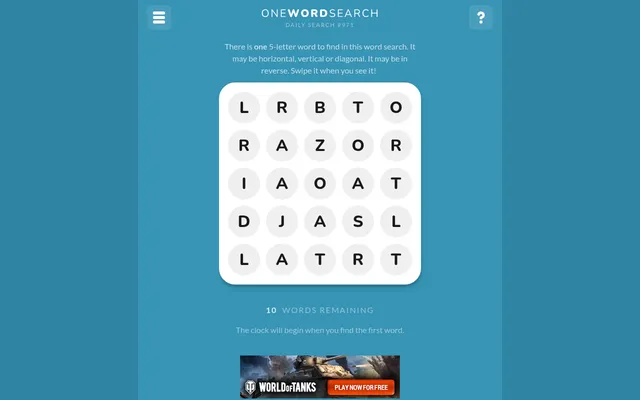 One Word Search daily search #971: today's 5x5 grid of letters before the first word is found, 10 words remaining