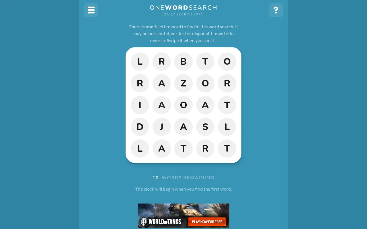 One Word Search daily search #971: today's 5x5 grid of letters before the first word is found, 10 words remaining