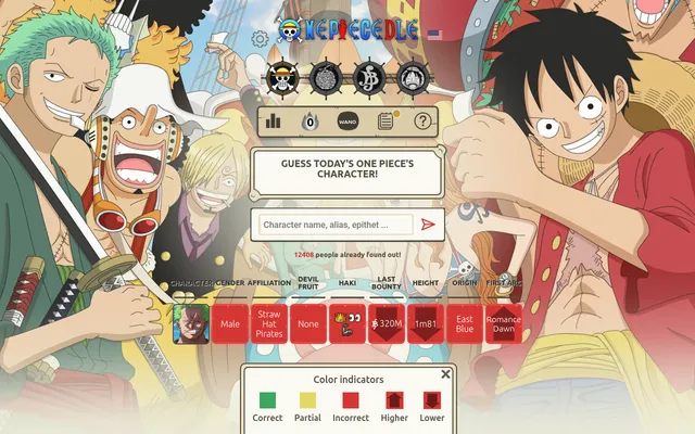 Onepiecedle Classic mode on 25 October 2026: a Zoro guess with red tiles for gender, affiliation, Devil Fruit, Haki, bounty, height, origin and arc, and the colour key below