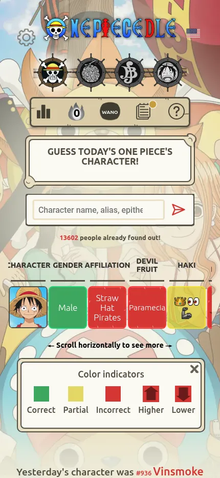 Onepiecedle Classic on a phone: a Luffy guess with its tile row and the colour key below