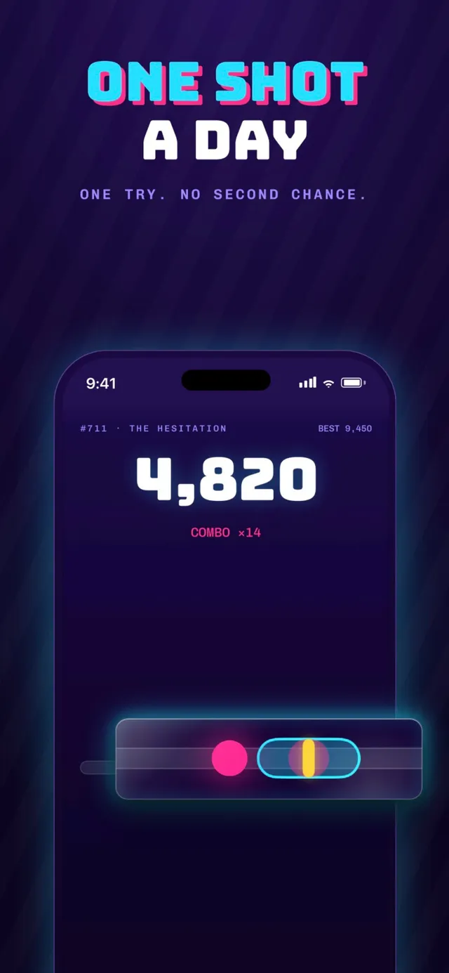 OneShot challenge #711, The Hesitation, in play: a score of 4,820 with a combo of 14 and a pink marker nearing the target zone on the track