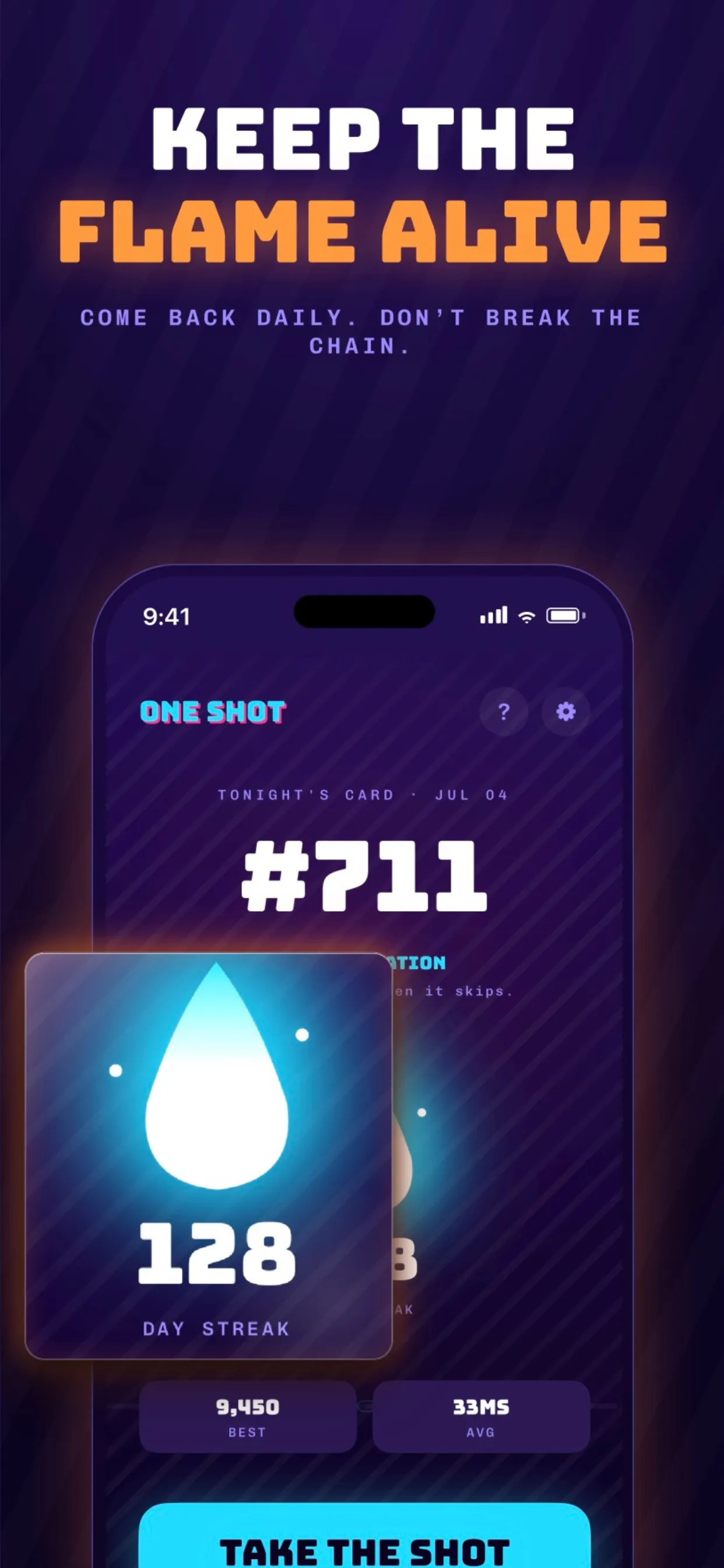 OneShot's daily card #711 with a 128 day streak badge and the Take the Shot button