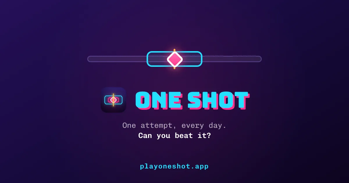 OneShot's share image: the pink marker inside the blue target zone on its track, above the One Shot name and app icon