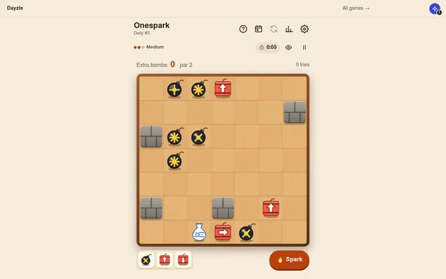 The Onespark board, Daily #3 at Medium: a 7x7 plank floor with black bombs, red arrow crates, stone walls and one vase, 0 extra bombs of par 2, a tray of extras and a Spark button