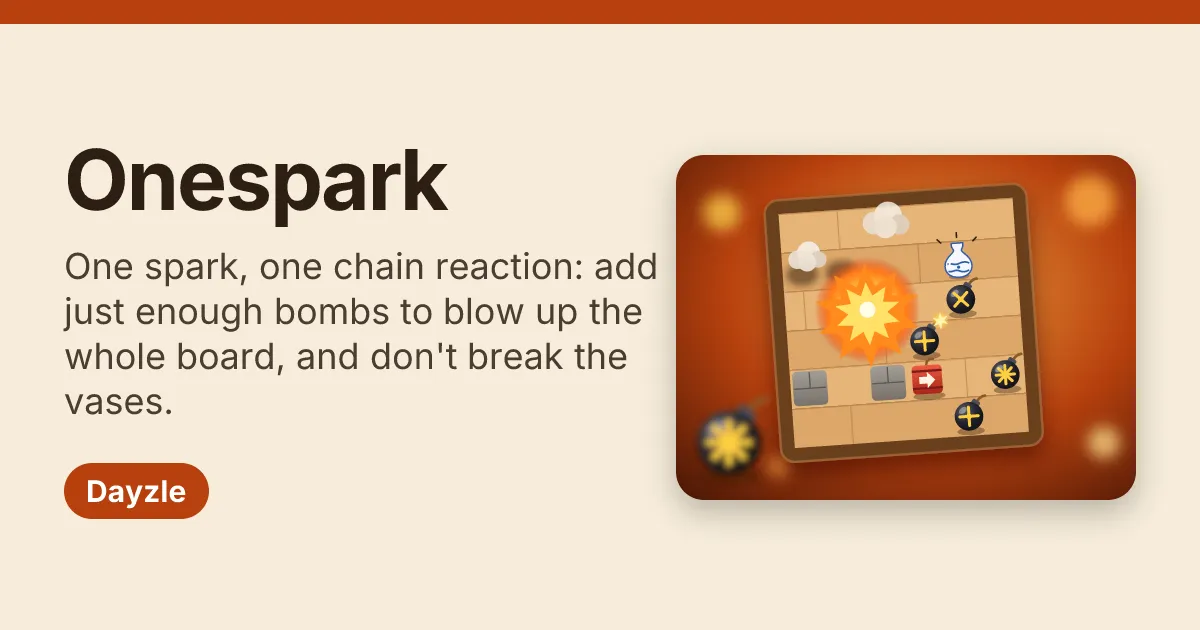 Onespark's own card: the name, the rule about one spark setting off the whole board without breaking the vases, and a tilted board mid-explosion