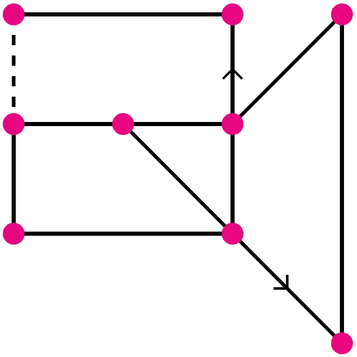 An example OneStroke starting figure from PuzzleMadness's rules: dots joined by lines, two with arrows and one dotted