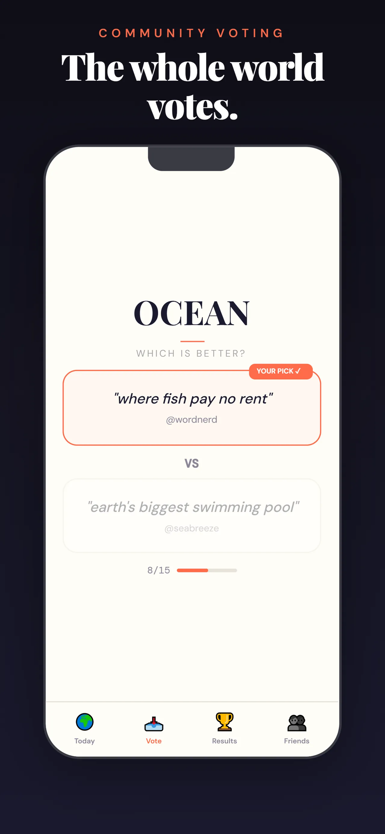 OneWord's voting screen: two players' descriptions of OCEAN side by side, with one picked