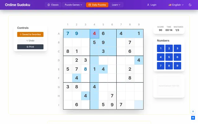 The OnlineSudoku.io daily 9x9 sudoku for 30 October 2026 in play: three digits placed, one wrong 4 in red, score 90 and 1 of 3 mistakes
