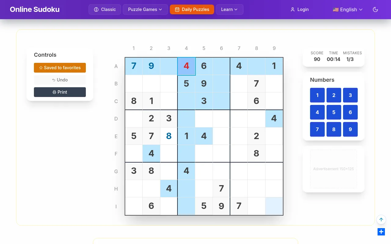 The OnlineSudoku.io daily 9x9 sudoku for 30 October 2026 in play: three digits placed, one wrong 4 in red, score 90 and 1 of 3 mistakes