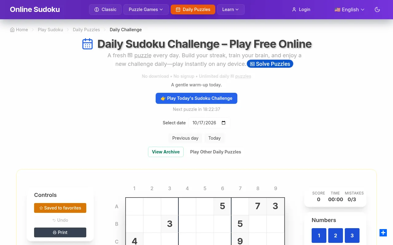 The OnlineSudoku.io Daily Sudoku Challenge page with the date picker, next-puzzle countdown, archive link and the top of the day's board