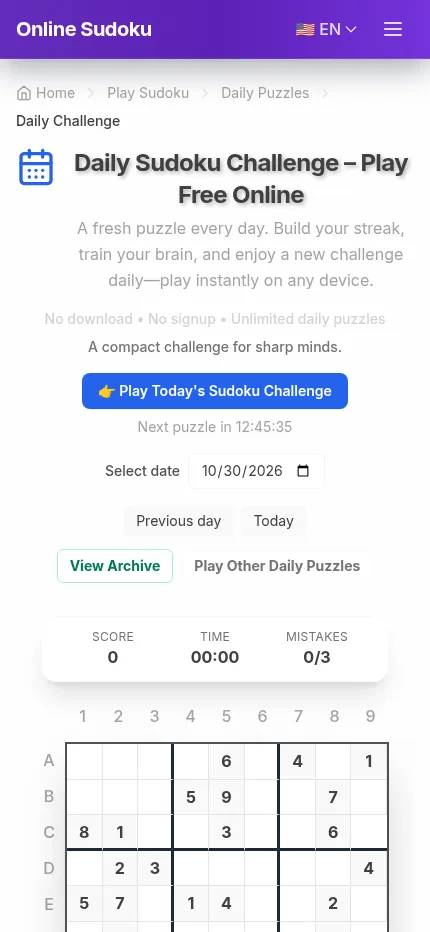 The OnlineSudoku.io daily sudoku at phone size on 30 October 2026, with the board under the date picker and countdown