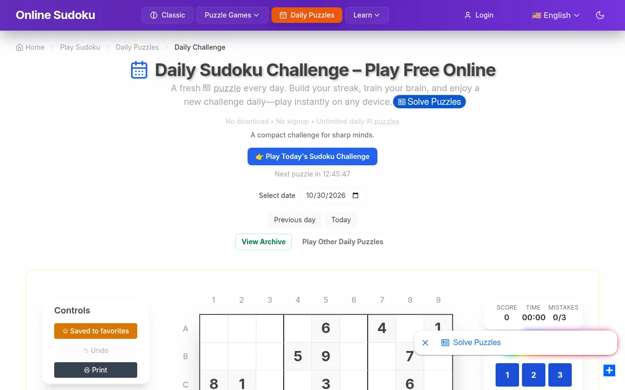 The Daily Sudoku Challenge page on 30 October 2026: date picker, next-puzzle countdown, archive link and the top of the day's board