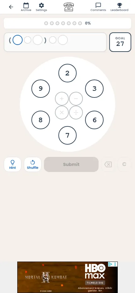 Operator on a phone: goal 27, the six numbers around the four operation buttons, and Hint, Shuffle and Submit below