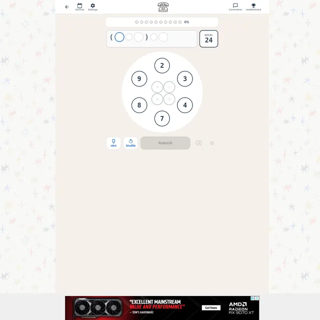 Operator with goal 24: an empty bracketed equation, six numbers (2, 3, 4, 7, 8, 9) around four operation buttons, and Hint, Shuffle and Submit